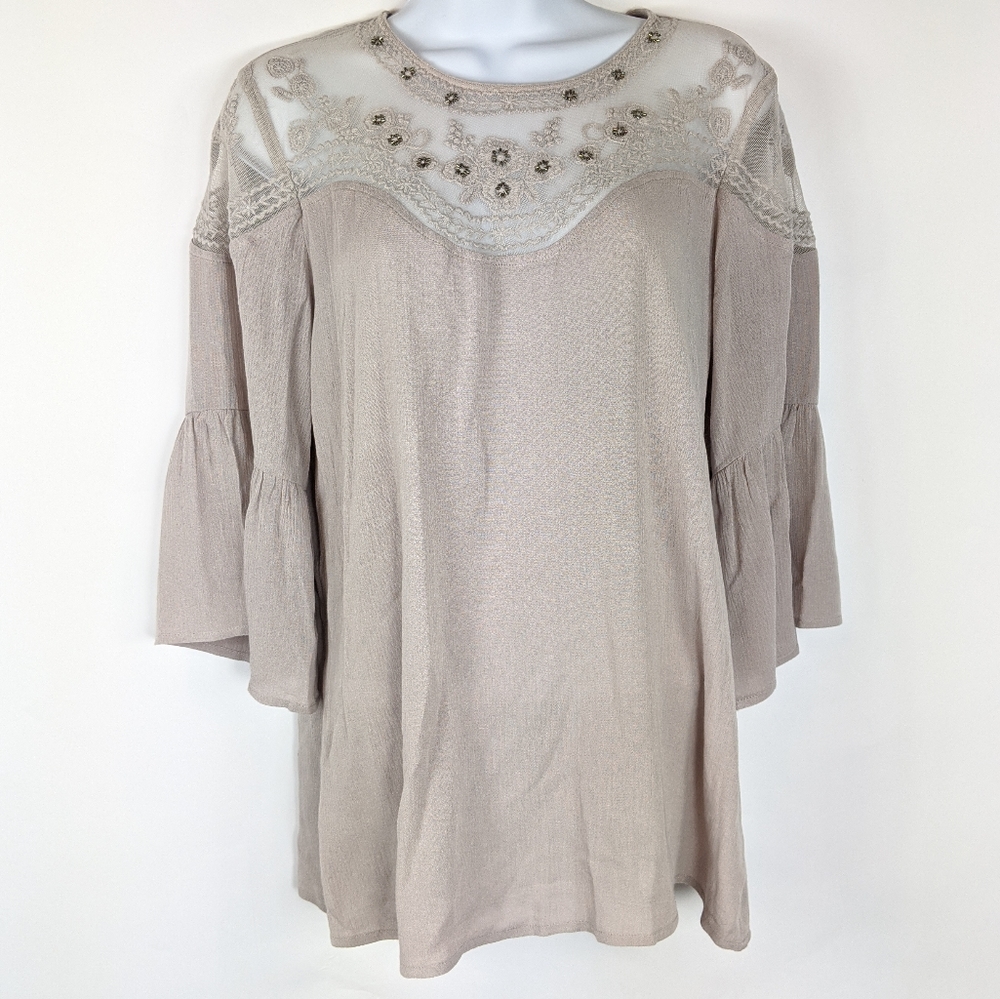 Socialite Beige Embroidered Yoke Bell Sleeve Blouse